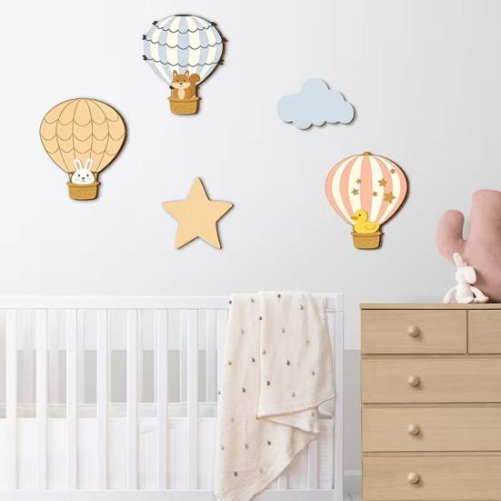 5 Pcs Wooden Star Cloud Hot Air Balloon Nursery Decor Boho Style Cartoon Animals Hot Air Balloon Wall Art for Kids Bedroom Classroom Playroom