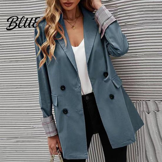 Suit Jacket Women Coat Lapel Long Sleeve Striped Cuffs with Double Breasted Business Outwear Flap Pockets Solid Color Loose Fit