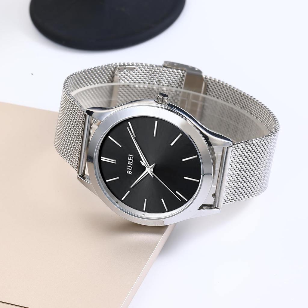 BUREI Herren Analog Quarz Uhr, Wasserdicht, Silber, Mailänder Maschenarmband, Beliebt, Schlank, Schlicht, Schwarz, Stilvoll, Business, Casual, Herrenuhr