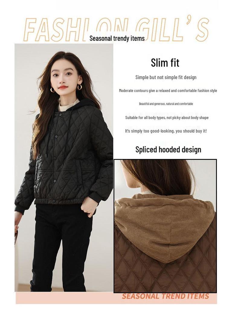Jachetă de iarnă stil coreean argyle - Casual, ușoară, cu glugă și care subțiază.