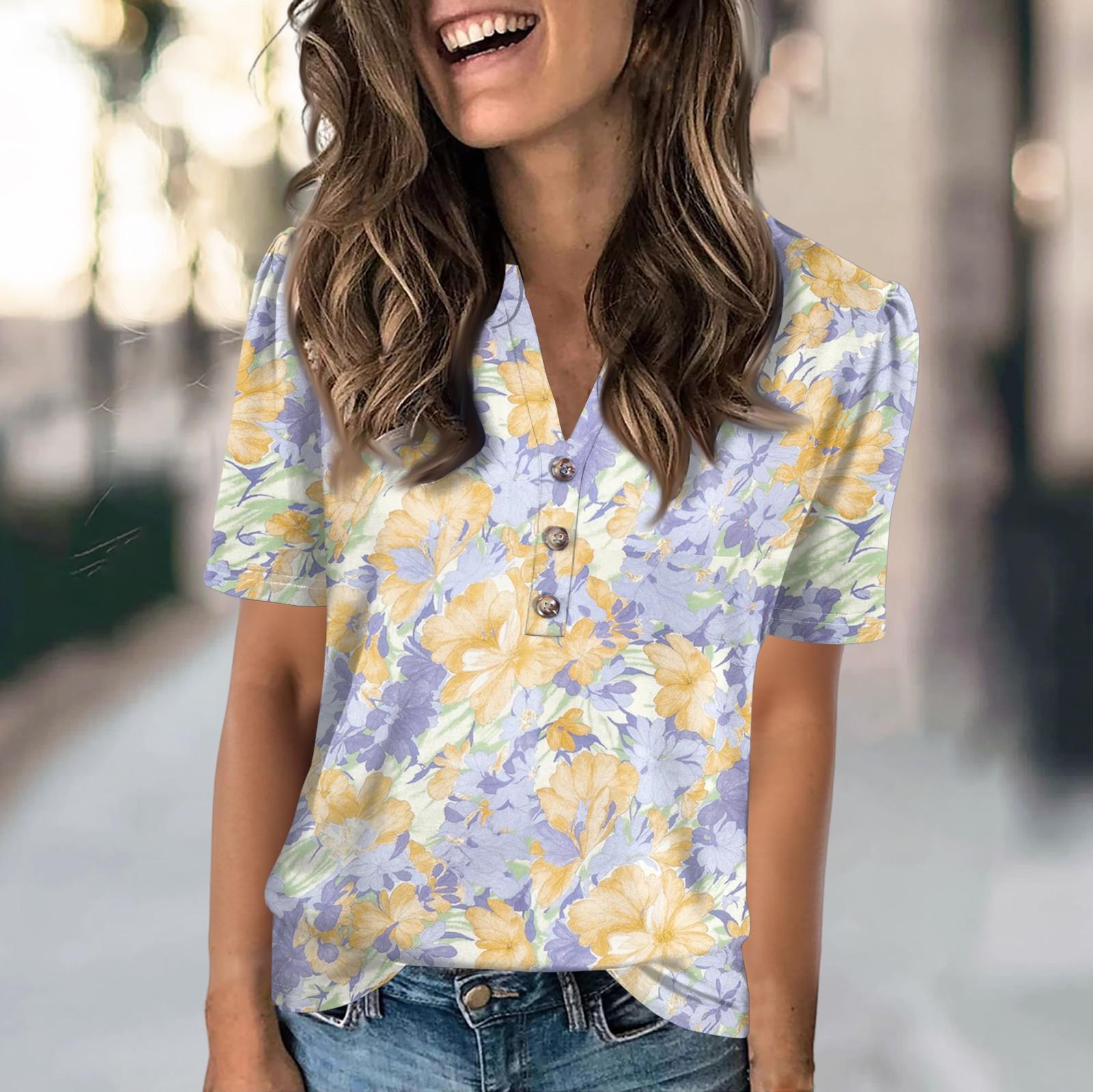 

Ladies Summer Tops Women s Fashion Casual With Floral Prints V-neck Short Sleeve Button T-shirt Top XXL