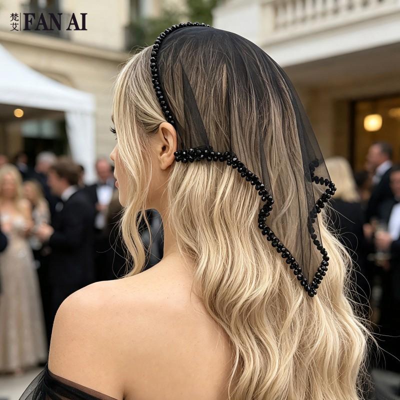 Black Crystal Mesh Headband With Triangle Veil Gothic Hair Accessory Halloween Costume Party