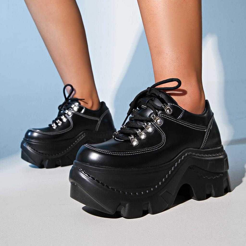 Large size high-heeled small leather shoes for women 2025 autumn new European and American small muffin thick-soled lace-up single shoes for women