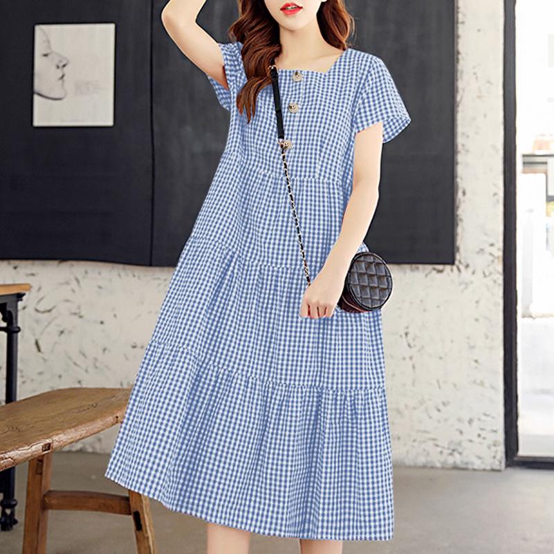 

ZANZEA Women Plaid Print Summer Casual Square Collar Short Sleeve Dress 5XL