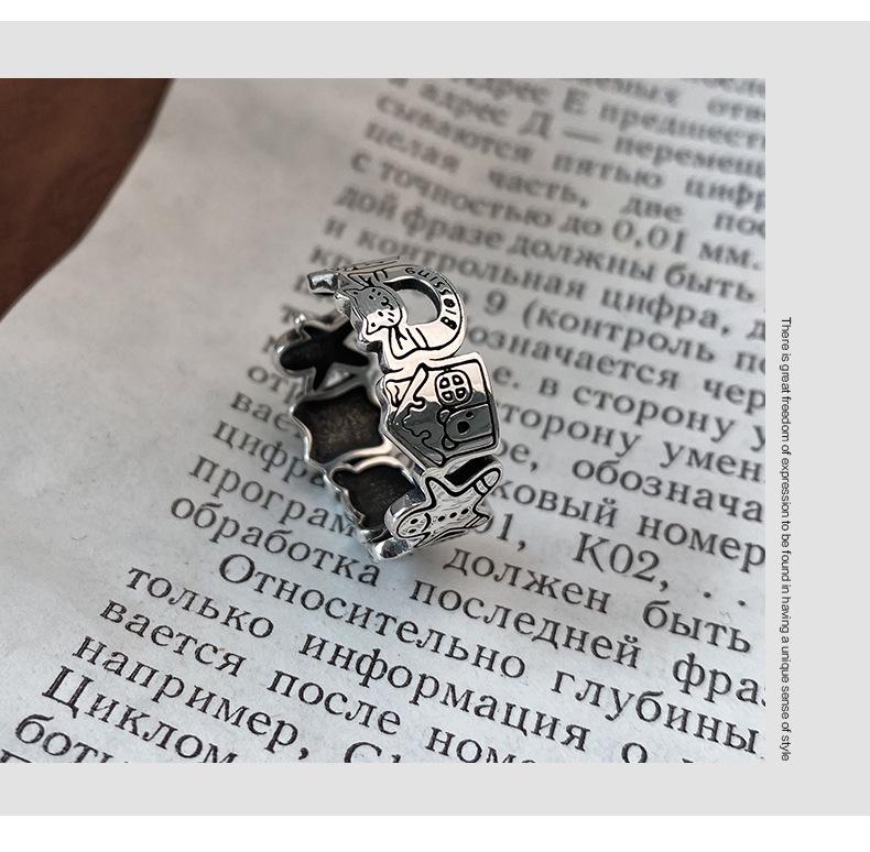 S925 Sterling Silver Graffiti Gingerbread Man & Bear Christmas Ring: Women's Retro Open Index Finger Style