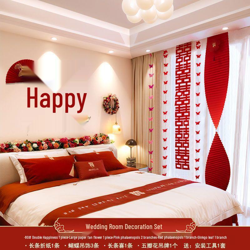 Wedding Room Decor: Double Happiness Banner for Bedroom Headboard & Curtains.