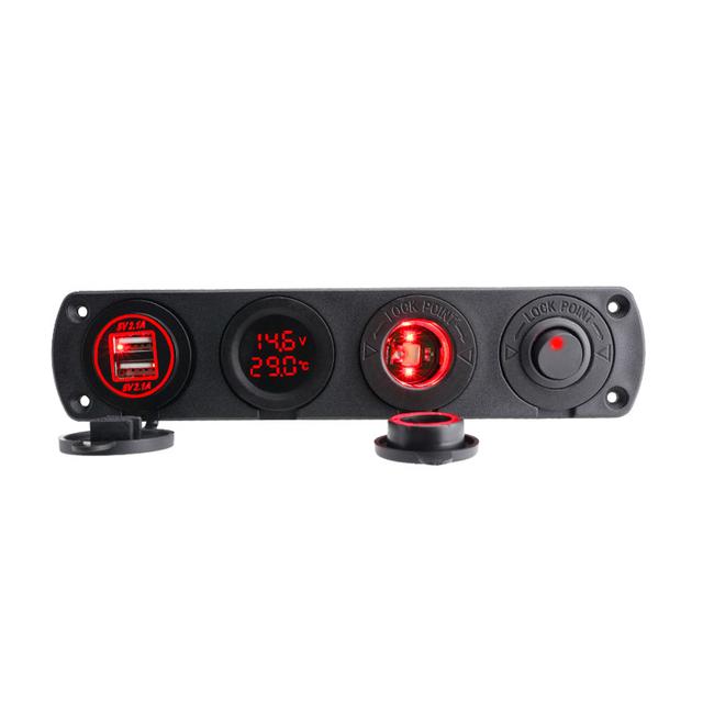 4 Holes Switch Panel Dual USB LED Port 12V Power Socket Digital Thermometer Voltmeter  for Boat Car Truck
