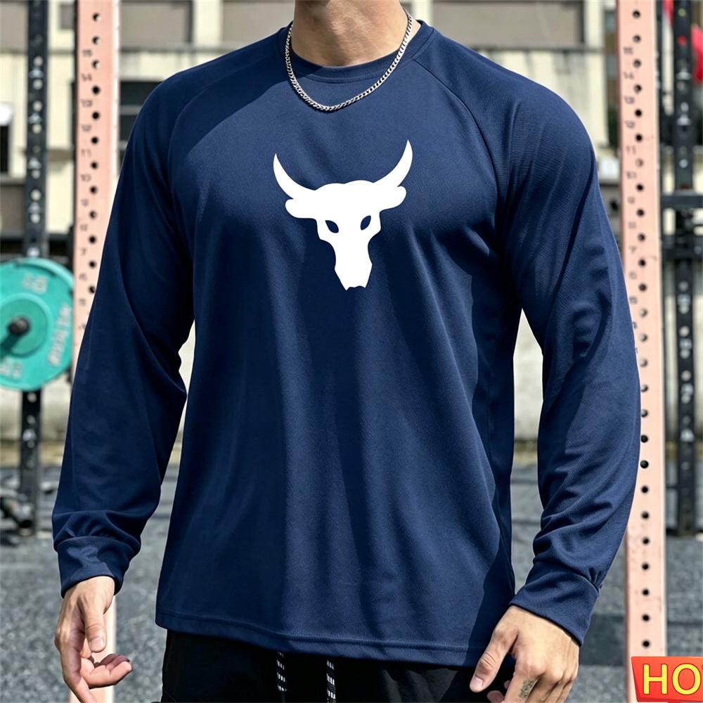 Autumn Men's Long sleeved T-shirt Bull Head Pattern Men's Fitness T-shirt Polyester Elastic Sports T-shirts Breathable Gym clothing