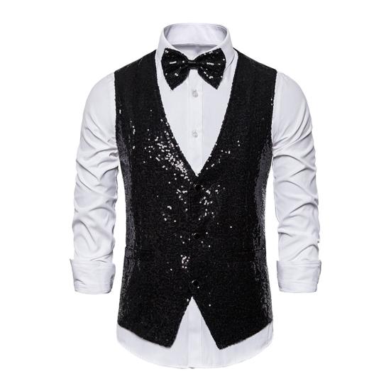 Men Suit Vest V-Neck Sleeveless Single Breasted Stage Show Waistcoat with Pockets Slim Fit Shiny Sequins Bow Tie Weddings Proms Vest