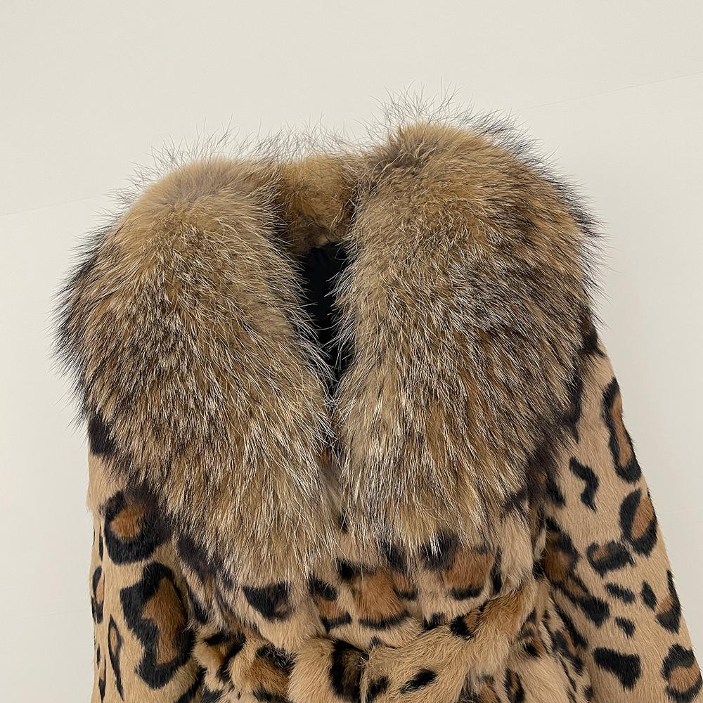 OFTBUY 2024 Winter Real Rabbit Fur Leopard Print Women Coat  Long Raccoon Fur Collar Coat Fur One-piece Thickened Warm Overcoats