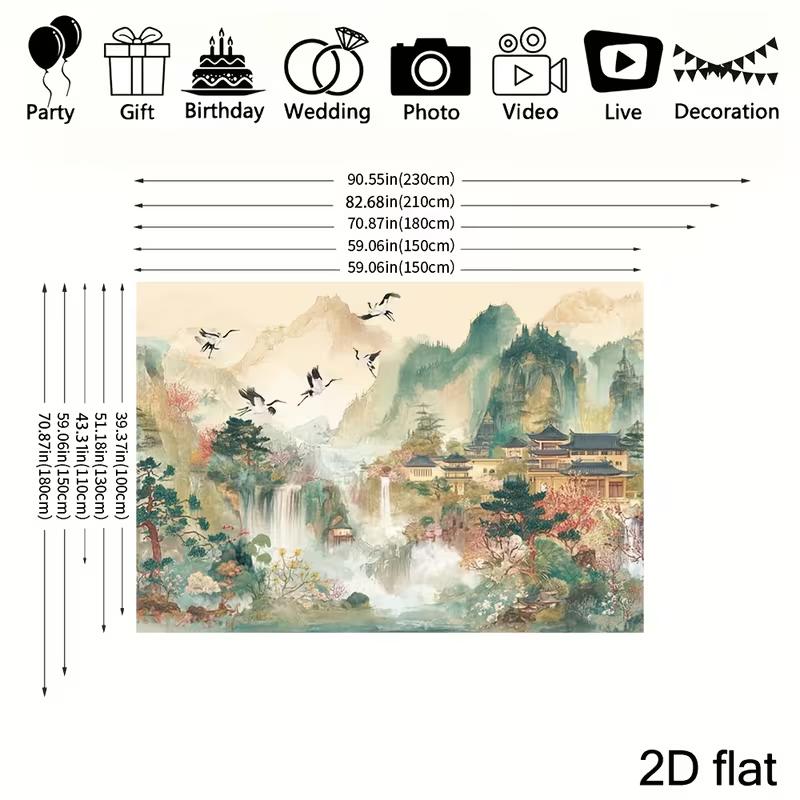 2D Chinese Temple Waterfall Crane Backdrop for Wall Hanging Decor