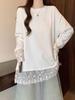 Women's Plus Size Lace Patchwork Long-Sleeve White T-Shirt - Loose Fit Autumn/Winter Base Layer Top