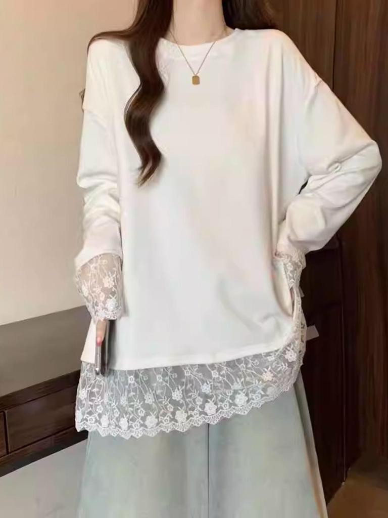Women's Plus Size Lace Patchwork Long-Sleeve White T-Shirt - Loose Fit Autumn/Winter Base Layer Top