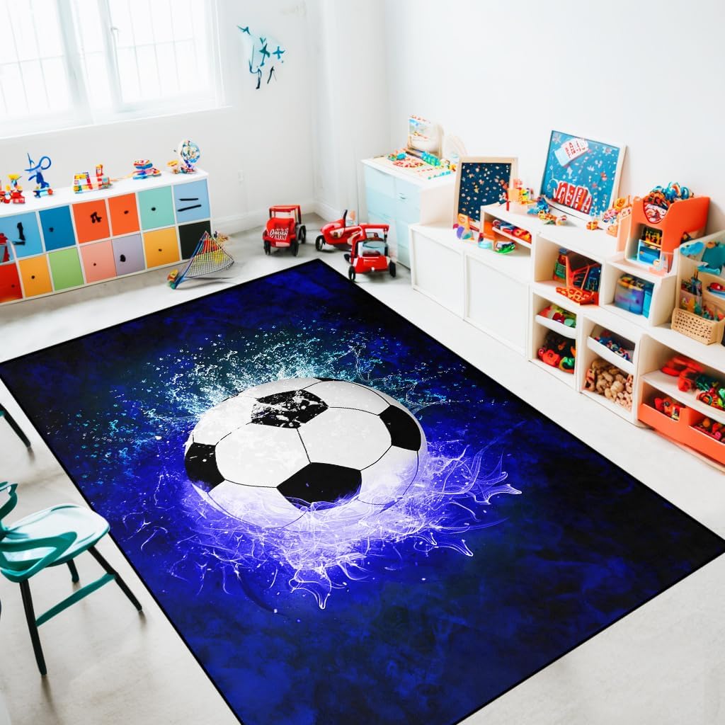 Soccer and Football Rugs for Boys Bedroom, Kids Sports Room Decor, Non-Slip Soccer Carpet for Kids Room