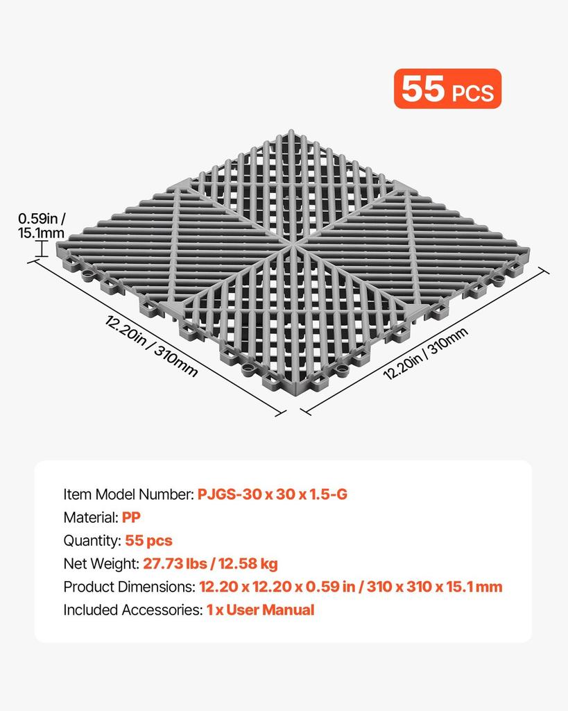 Interlocking Drainage Mats, 310x310 Mm, Garage Flooring Tiles, Non-Slip PP Drainage Floor Tile Shower Mat, Self-Draining, Easy Installation, for
