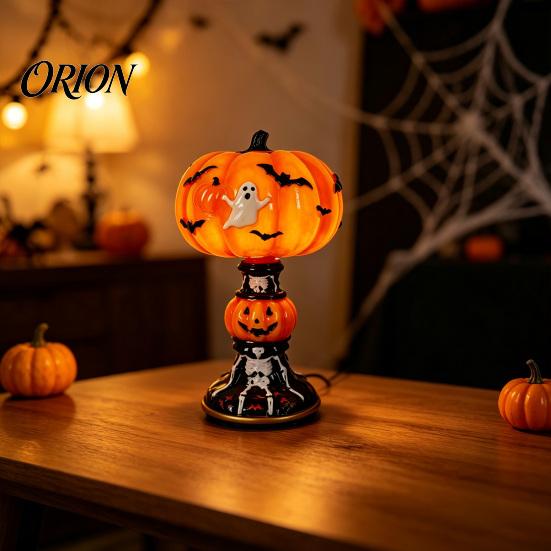 Decorative Resin Lamp Halloween Vintage Table Lamp, Retro Pumpkin Skeleton Black Cat Warm Yellow Atmosphere Light Night Light, Gothic Bedside