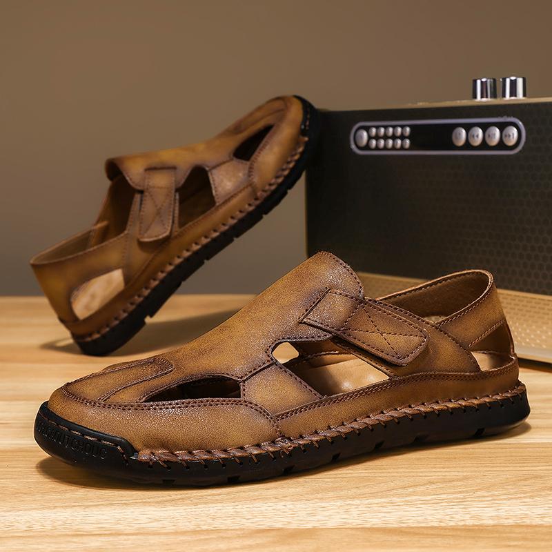 Fashion New Style Men's Sandals Summer Leather Hollow Out Shoes Outdoor Leisure Sports Beach Flats Male Mesh Footwear Wading Aqua Shoes