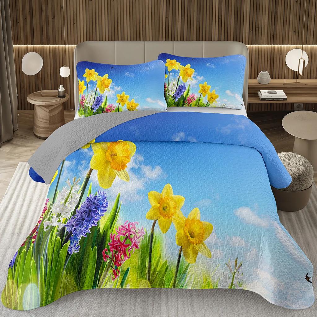 Spring Garden Plant Flower Bedspread Sets Botanical Floral Coverlet Twin Full Queen King Rustic Farmhouse Quilted Bedding Set