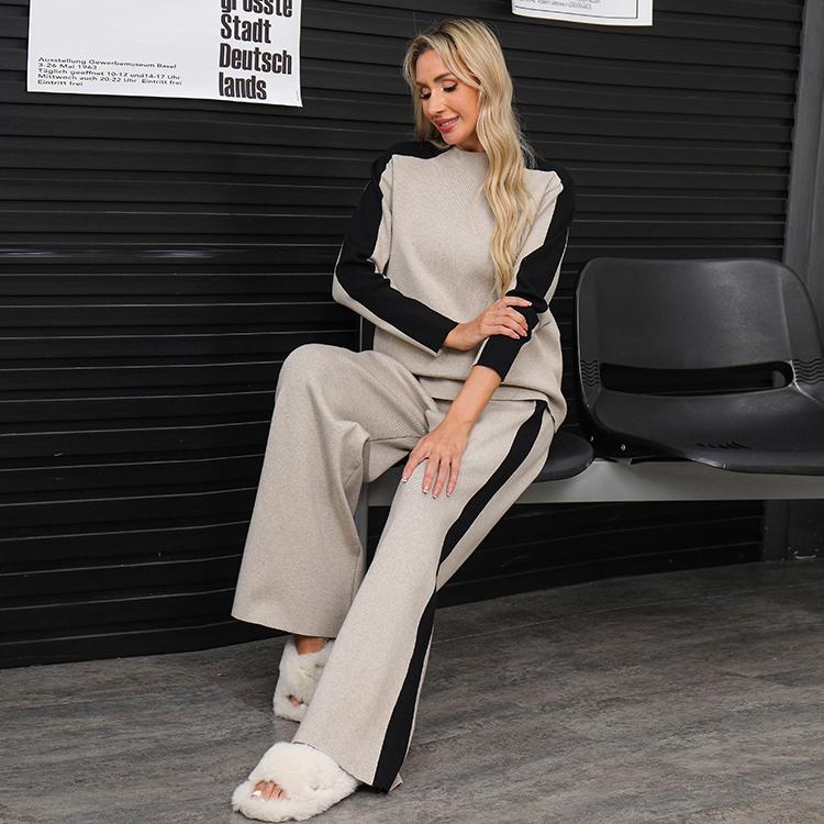 Conjunto de dos piezas de suéter de punto casual para mujer de otoño invierno, tops de manga larga tipo jersey y pantalón de pierna ancha, chándal
