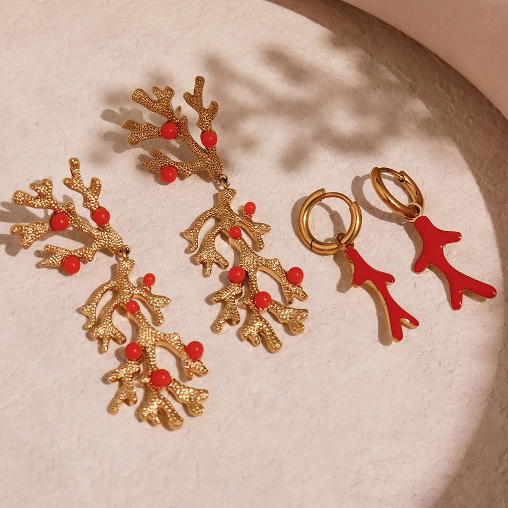 18k Gold-Plated Delicate Coral Red Bead Earrings with Stainless Steel for Women