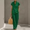 Yousheng Women Cotton Linen 2 Piece Sets Short Sleeve Button Up V Neck And Long Pants Summer Lounge Outfits with Pockets