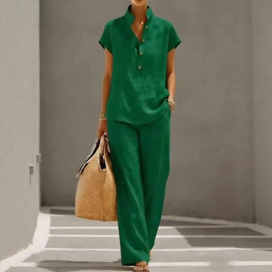 Yousheng Women Cotton Linen 2 Piece Sets Short Sleeve Button Up V Neck And Long Pants Summer Lounge Outfits with Pockets