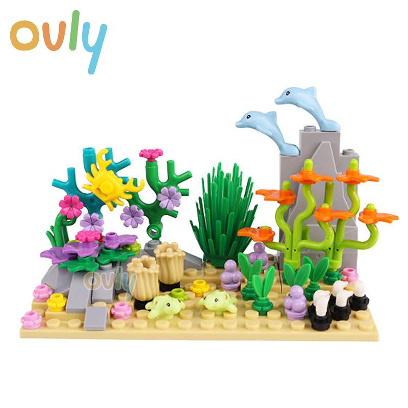 Ovly DIY Kreative Unterwasser Welt Abenteuer Hai Teufel Fisch Ozeane Tier Pflanze Aquarium Display Kleine Partikel Bausteine Set für MOC