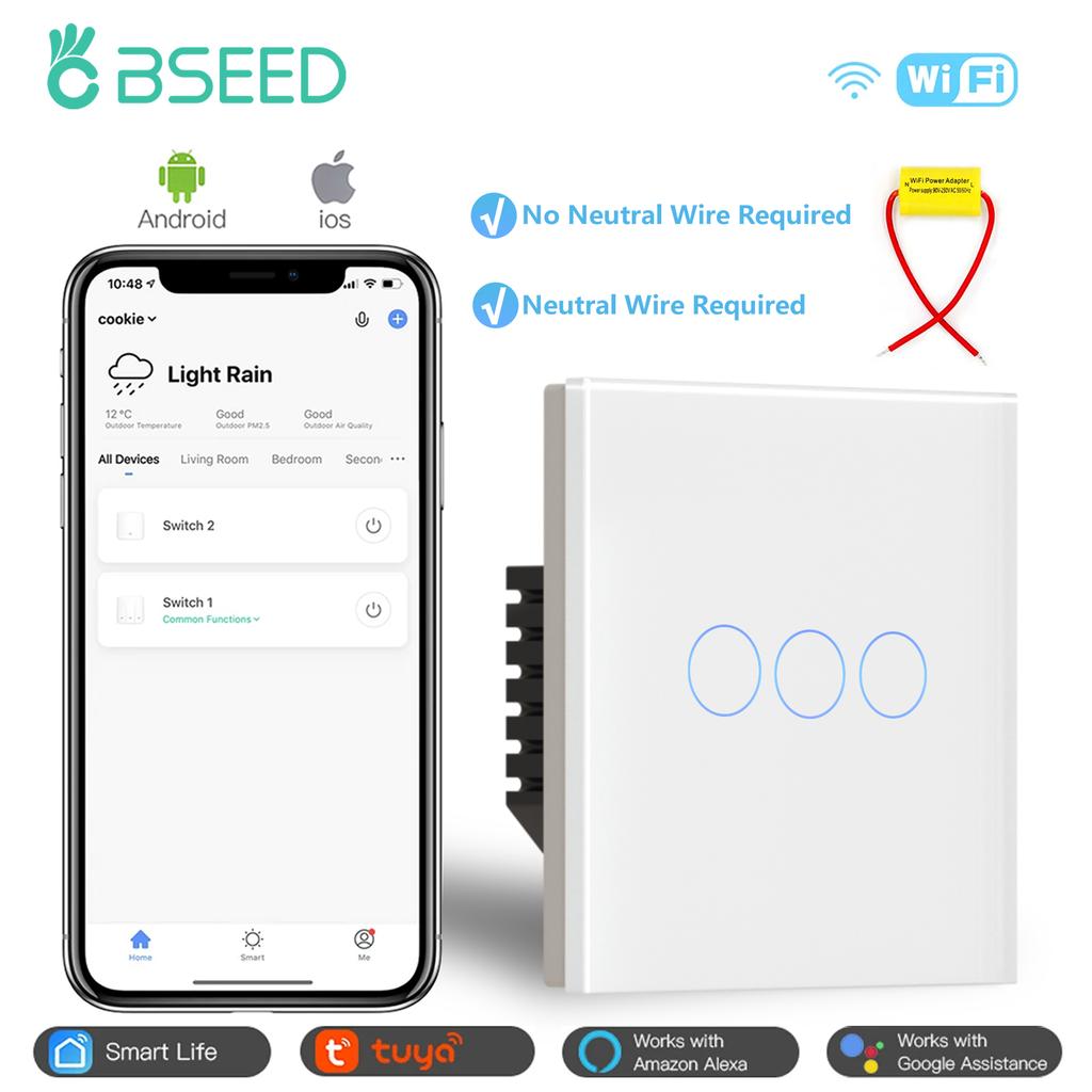 BSEED 1/2/3Gang Wifi Touch Light Switches Tuya Smart Life App Control EU Standard Crystal Glass Panel With Capacitor White