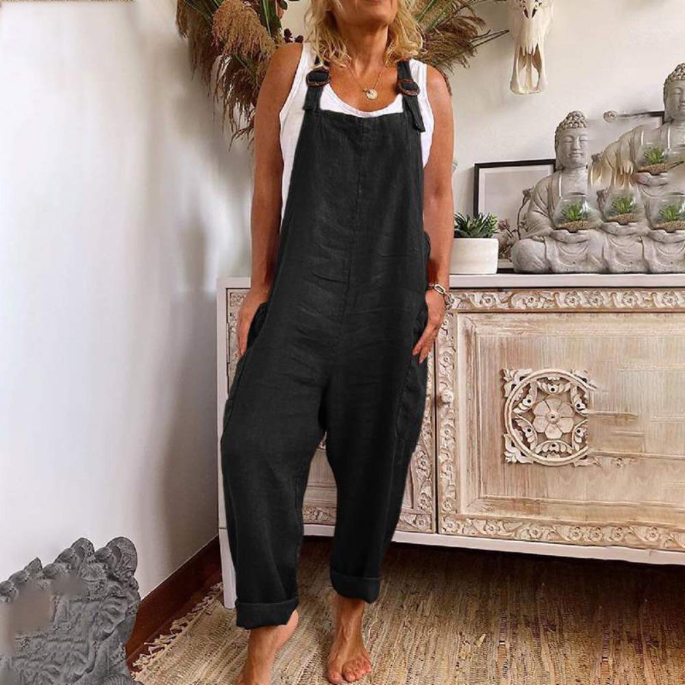 Damen ärmellos verstellbarer Träger lockere Passform Leinen Latzhose Hohe Taille Weiter Bein Jumpsuit