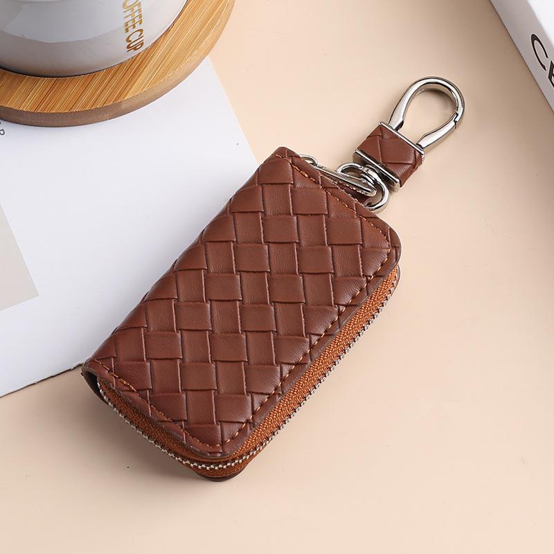 Woven Pattern Car Key Case for Men Large Capacity Zipper Key Organizer Pouch for Women Keychain Car Key Holder Car Accessories