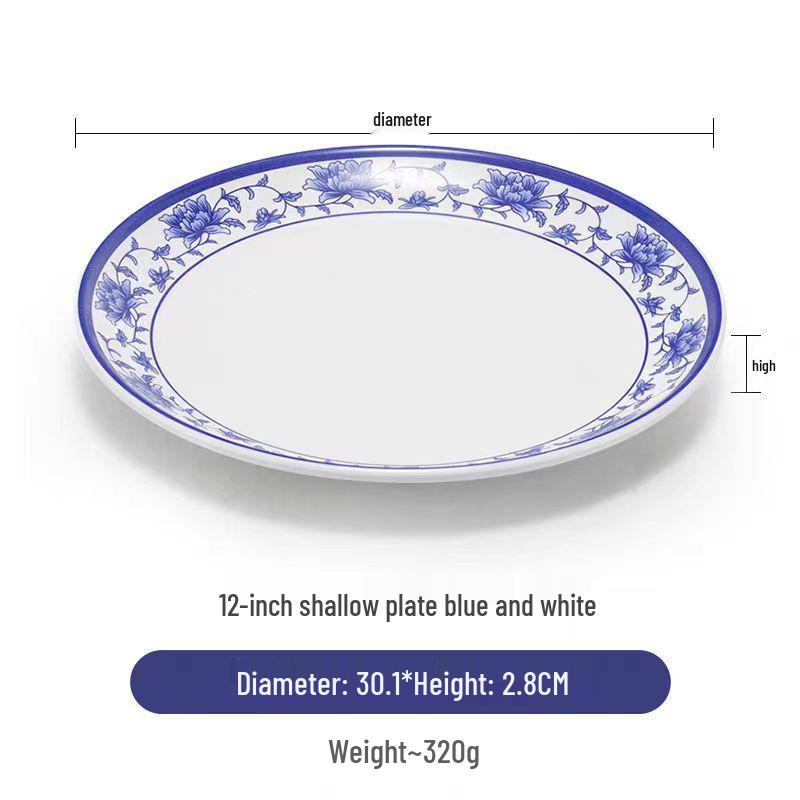 Blue & White Melamine Porcelain-Look Round Plate: Thickened, Durable for Stir-Fry, Rice, and Restaurant Use