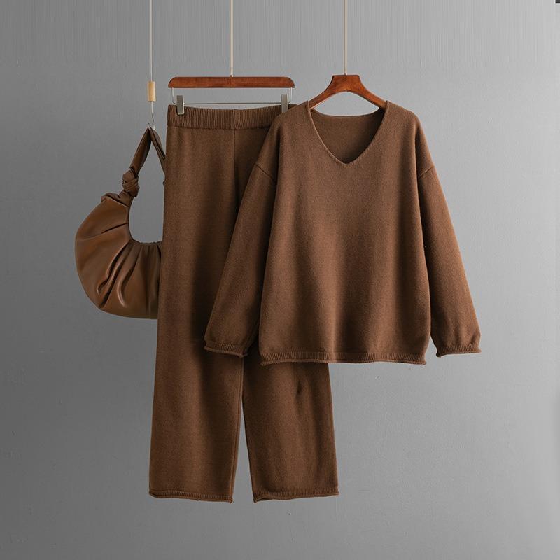 Solid color collar fashion set, new autumn and winter loose high-waisted casual sweater two-piece set