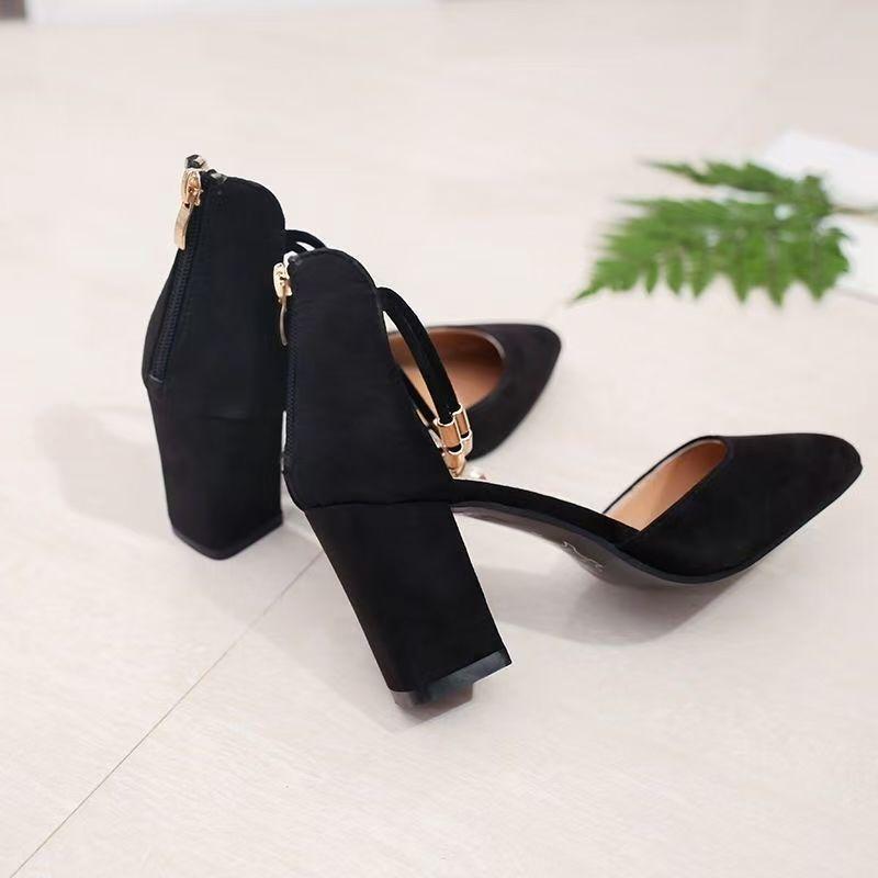 Korean Version Hollow One-word Buckle Thick Heel Single Shoes Women's 2025 Spring New Bag Head High Heel Sandals Student High Heels Women