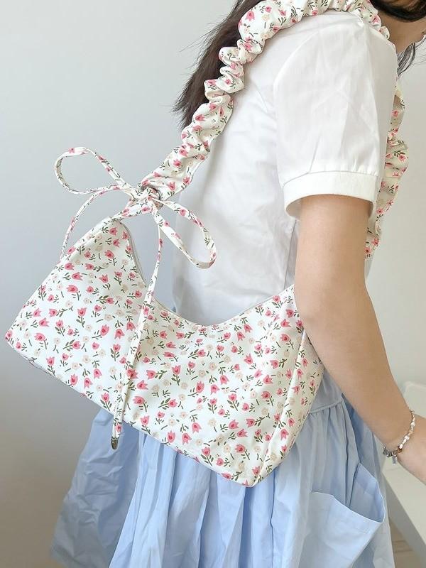 Canvas Bag For Women With Drawstring Closure And Floral Print For Casual Daily Use