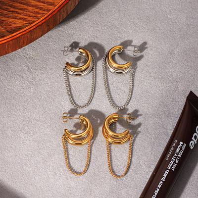 New Double-line C-shaped Earrings, Light Luxury High-end Gold and Silver Color-block Tassel Ear Jewelry