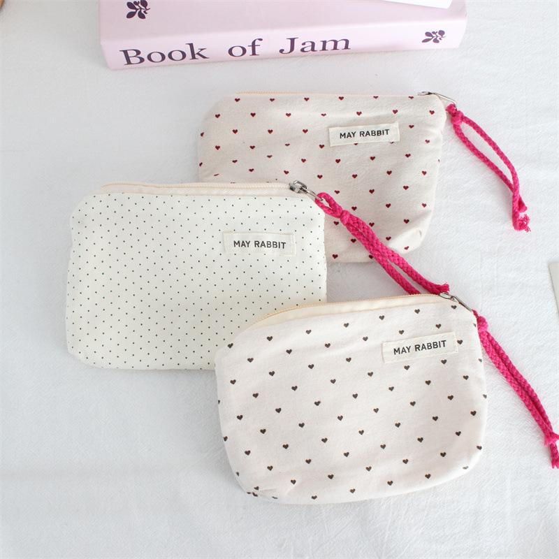 Korean Dot Love Canvas Coin Wallet Portable Mini Makeup Bag Simple Fabric Zipper Coin Purse Key Earphone ID Bag Kids Cute Purse