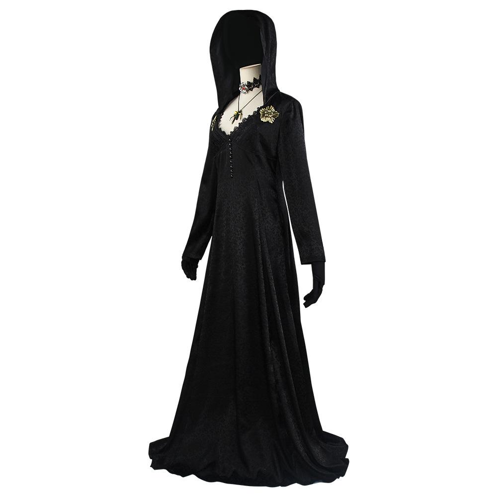 Auf Lager Moth Lady Böse Cosplay Fantasia Village Vampir Dame Dimitrescu Kostüm Damen Schwarzes Kleid Halloween Karneval Party Anzug
