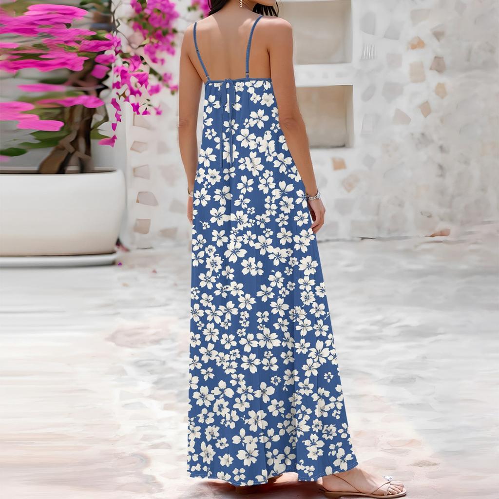 Women's Spring And Summer Casual Fashion Adjustable Suspender Printing Long Dress