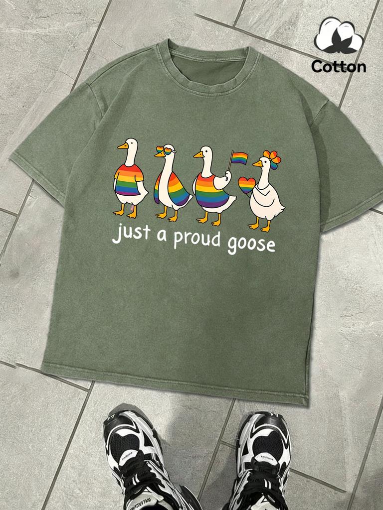 Just A Proud Goose Printing Snow Wash TShirt Mens Summer Breathable Retro Short Sleeve Unisex Cotton Tops Loose Sportwear