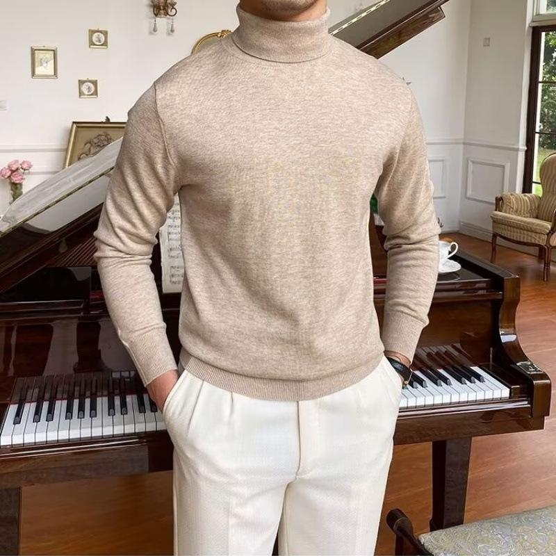 Men's Loose Plus Size High Neck Knit Sweater - Solid Color, Long Sleeve, Spring/Autumn/Winter