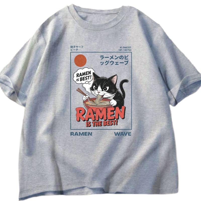 Japanese Ramen Cat T Shirt Man Woman Retro 90s Graphic Tee Funny Cat T-Shirt Cat Lover Short S
