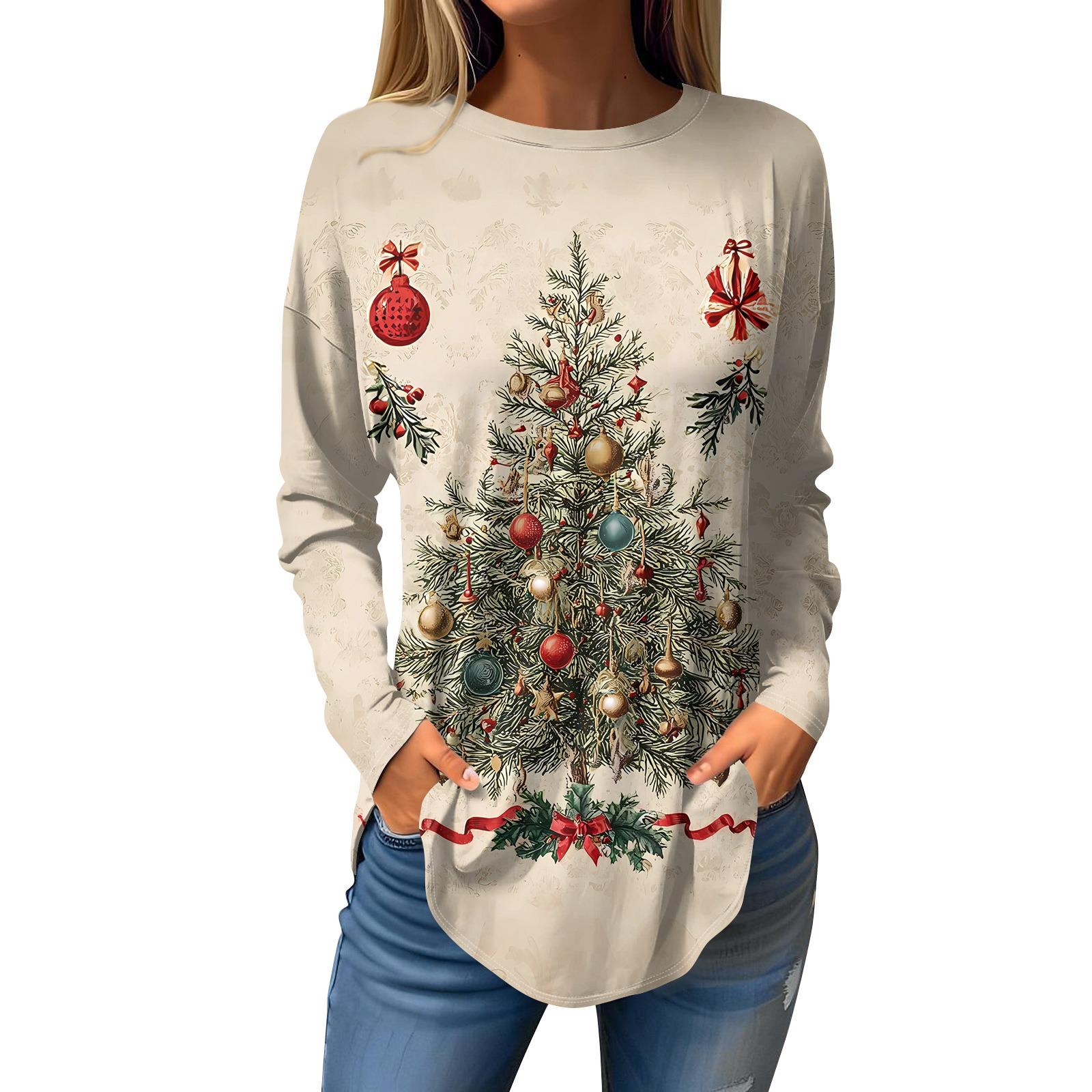 

Женская свободная футболка с круглым вырезом и рождественским принтом, длинный рукав, пуловер XL