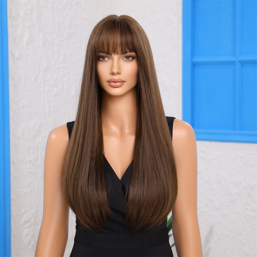 ALAN EATON Lange, glatte Perücken, braune Kunsthaar-Perücke mit Pony für Damen, für den Alltag, Partys, Cosplay, hitzebeständige Fasern, weiße Damen