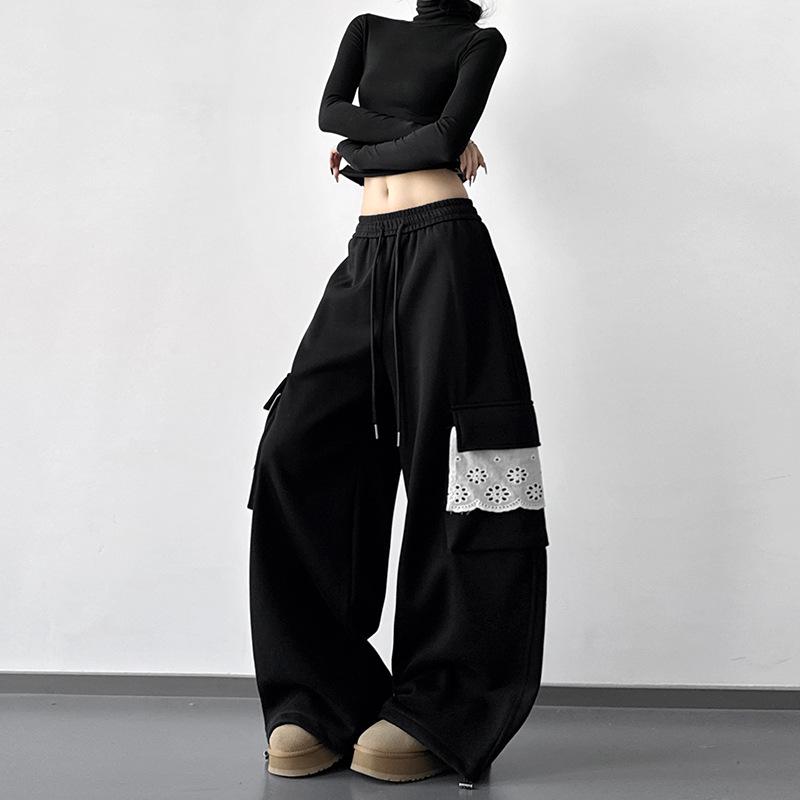 2025 Winter Women s Plus Velvet Lace Trim Wide Leg Casual Workwear Sweatpants L чёрный