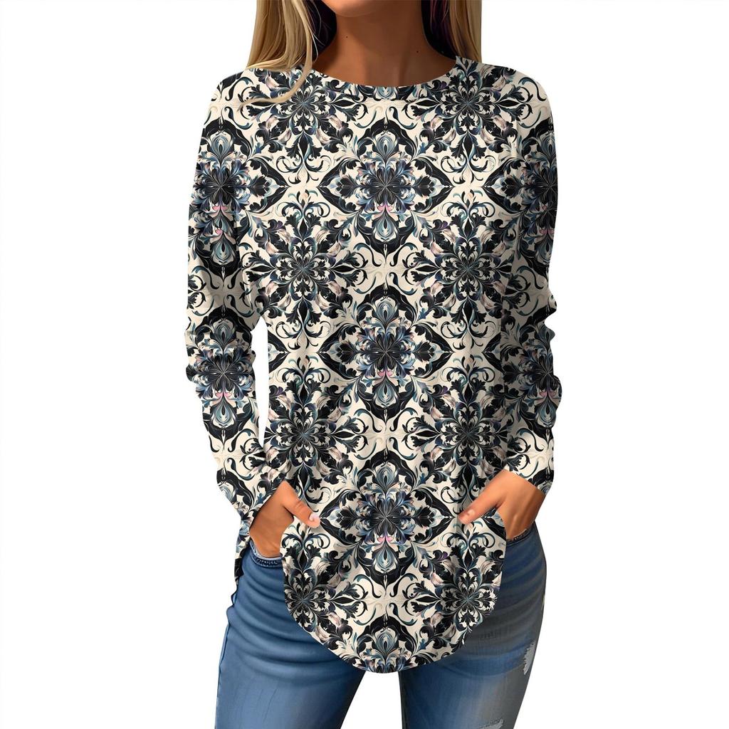 Women's Loose Casual Printed Round Neck Long Sleeved T Shirt Top Pullover Long Sleeved Sweatshirt