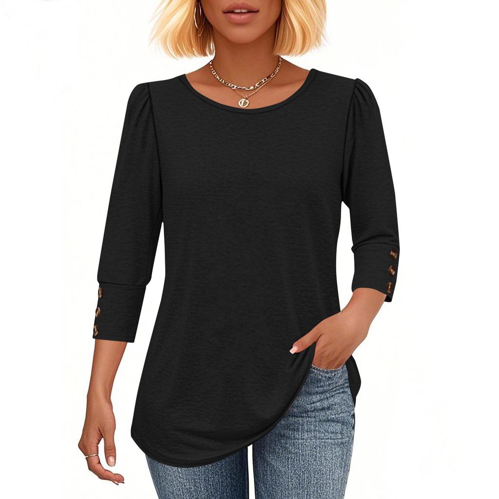 Women's Fashion Casual Solid Color Round Neck Seven-quarter Sleeve T-shirt Top