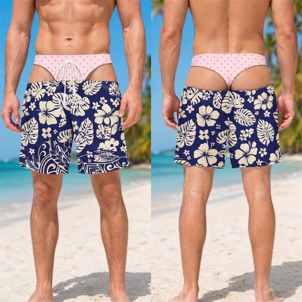 Tropical Plant Flowers Print Fake Buttocks Pattern Funny Men Swim Trunks Perfect Quirky Party Gifts Summer Fashion Beach Shorts