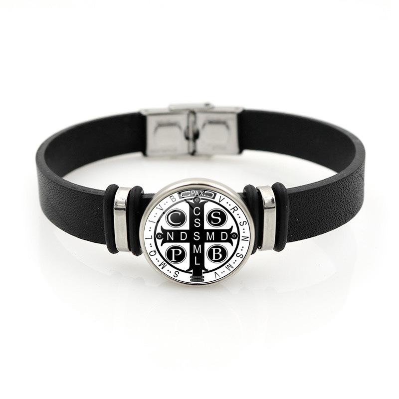 Benedict Saint Elegant Medal Adjustable Bracelet Stylish Black Leather Jewelry Gift Unisex