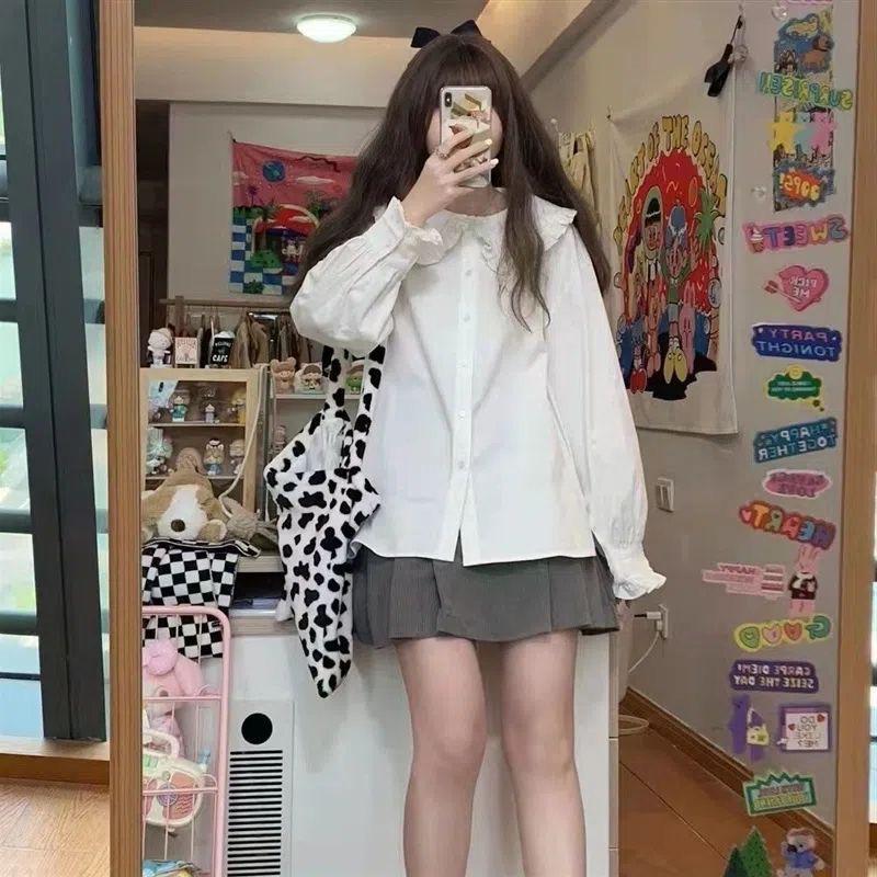Japanese-style Student Doll Collar Lace Long-sleeve Shirt for Women, New Spring and Autumn Design Niche Shirt, Versatile Top