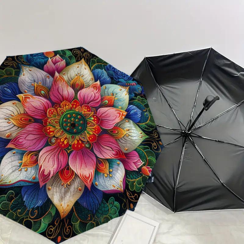 1pc Lotus Mandala Design Umbrella with Plastic Handle,Suitable for All Seasons Home Travel Outdoor UmbrellaDD583